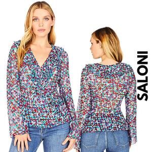 Saloni Women's Size 4 Silk Blend Iman Red + Blue Ruffled‎ Wrap Blouse NWT